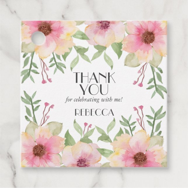 Aquarellpinken Blüten Danke Geschenkanhänger (Vorderseite)