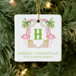 Aquarellpinken Flamingo Monogram Wappen Weihnachte Keramikornament