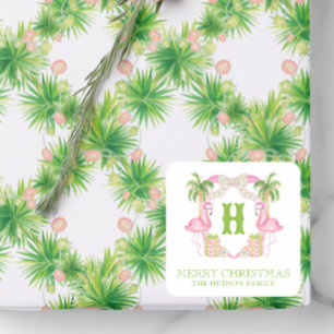Aquarellpinken Flamingo Monogram Wappen Weihnachte Quadratischer Aufkleber