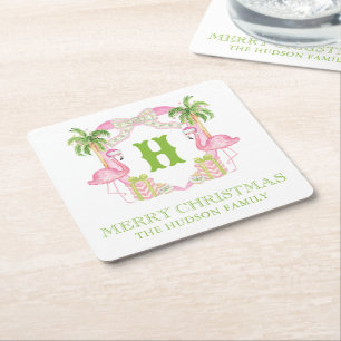 Aquarellpinken Flamingo Monogram Wappen Weihnachte Rechteckiger Pappuntersetzer