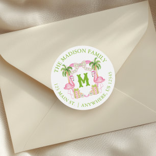 Aquarellpinken Flamingo Monogram Wappen Weihnachte Runder Aufkleber
