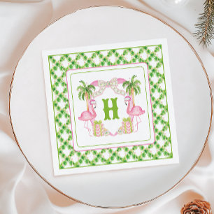 Aquarellpinken Flamingo Monogram Wappen Weihnachte Serviette