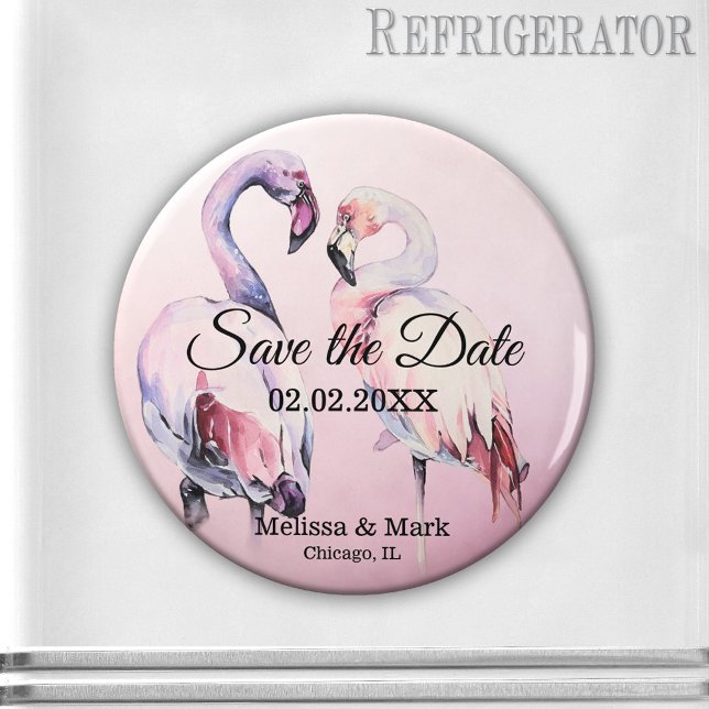 Aquarellpinken Flamingos speichern das Datumsmagaz Magnet (Save the Date magnet featuring a watercolor painting of two flamingos on a pink background.)