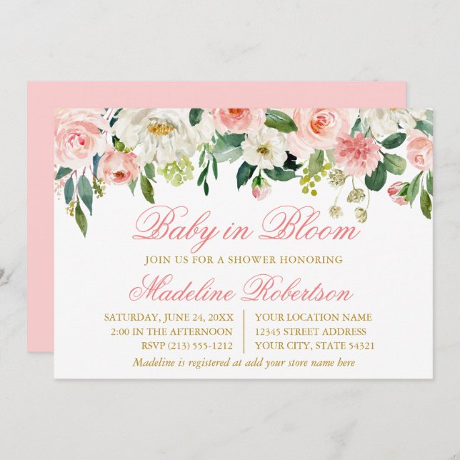 Aquarellpinken, weißer Blumenkinder in Blütendusch Einladung (Vorne/Hinten)