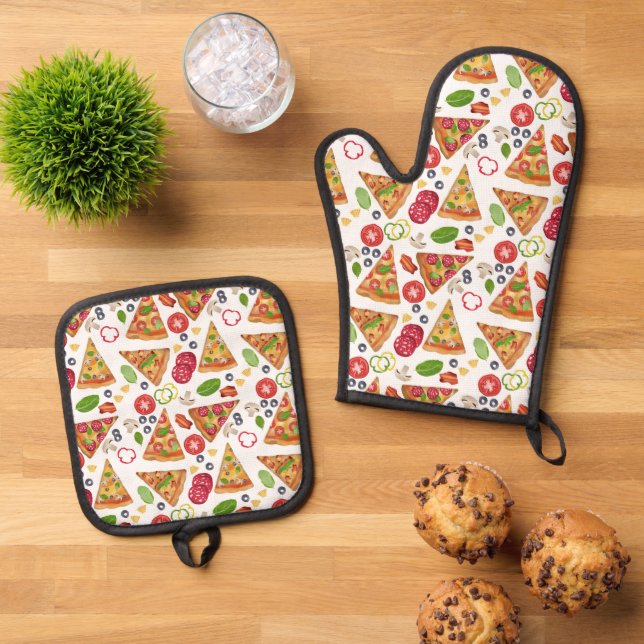 Aquarellpizza Muster Ofenhandschuh & Topflappen-Set (Oben Unten)