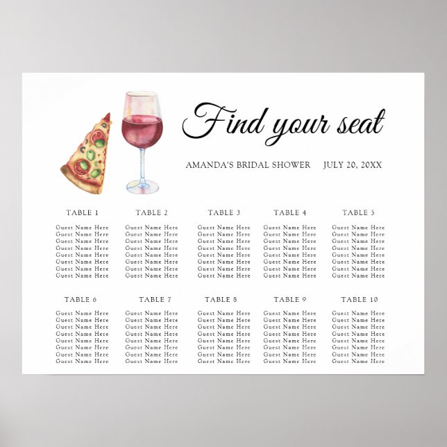 Aquarellpizza und Wein Hochzeitskarte Poster (Vorne)