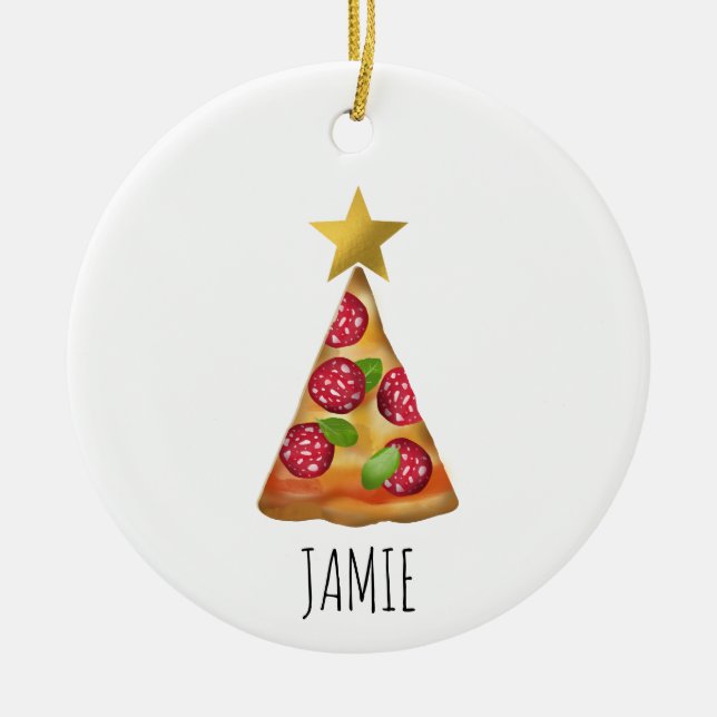 Aquarellpizza Weihnachtsbaum Sonniger Individuelle Keramik Ornament (Vorne)
