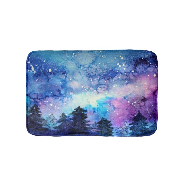 Aquarellplatz Art: Night Sky Trees Badematte (Vorderseite)