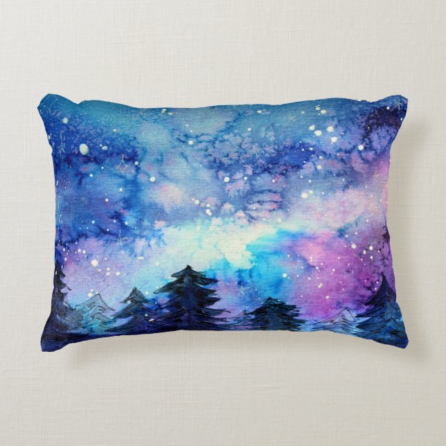Aquarellplatz Art: Night Sky Trees Dekokissen (Vorderseite)