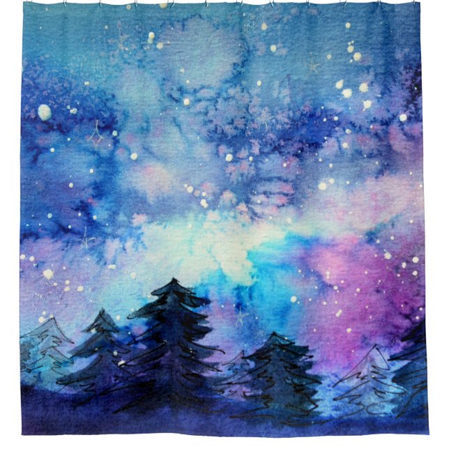 Aquarellplatz Art: Night Sky Trees Duschvorhang (Vorderseite)