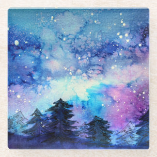 Aquarellplatz Art: Night Sky Trees Glasuntersetzer