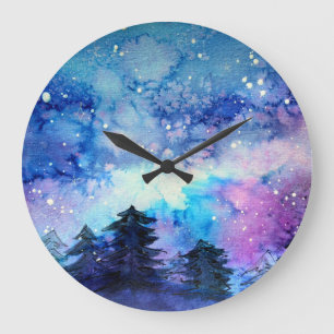 Aquarellplatz Art: Night Sky Trees Große Wanduhr