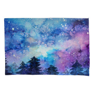 Aquarellplatz Art: Night Sky Trees Kissenbezug