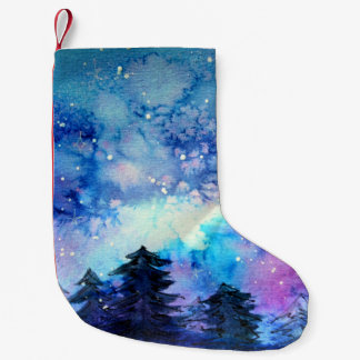 Aquarellplatz Art: Night Sky Trees Kleiner Weihnachtsstrumpf