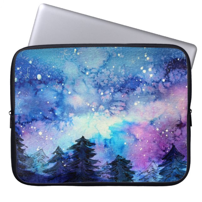 Aquarellplatz Art: Night Sky Trees Laptopschutzhülle (Vorderseite)