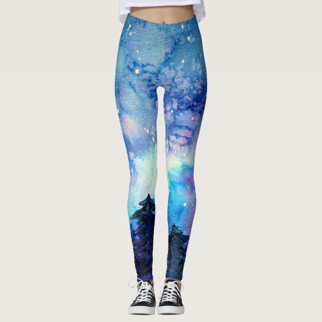 Aquarellplatz Art: Night Sky Trees Leggings (Vorderseite)
