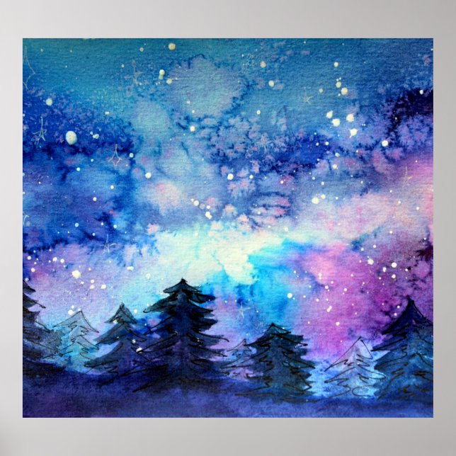 Aquarellplatz Art: Night Sky Trees Poster (Vorne)
