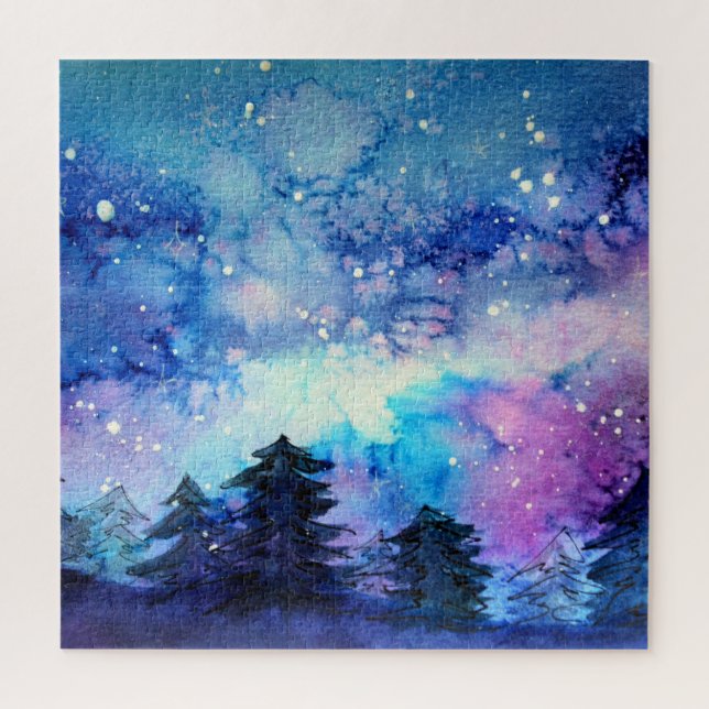Aquarellplatz Art: Night Sky Trees Puzzle (Vertikal)
