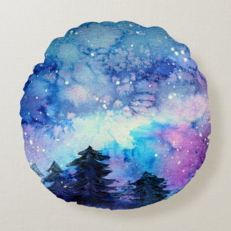 Aquarellplatz Art: Night Sky Trees Rundes Kissen