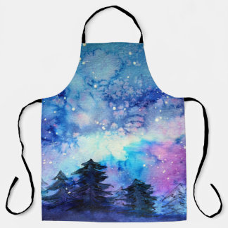 Aquarellplatz Art: Night Sky Trees Schürze