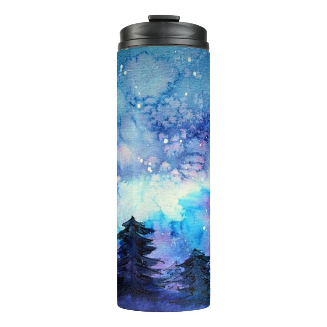 Aquarellplatz Art: Night Sky Trees Thermosbecher (Vorderseite)