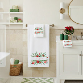 Aquarellpoinsettia und Grünpflanzen Weihnachten Badhandtuch Set