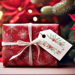 Aquarellpoinsettia und Grünpflanzen Weihnachten Geschenkanhänger