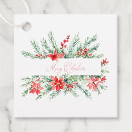 Aquarellpoinsettia und Grünpflanzen Weihnachten Geschenkanhänger