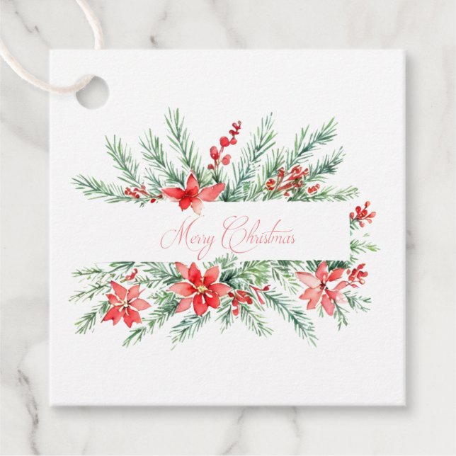 Aquarellpoinsettia und Grünpflanzen Weihnachten Geschenkanhänger (Vorderseite)