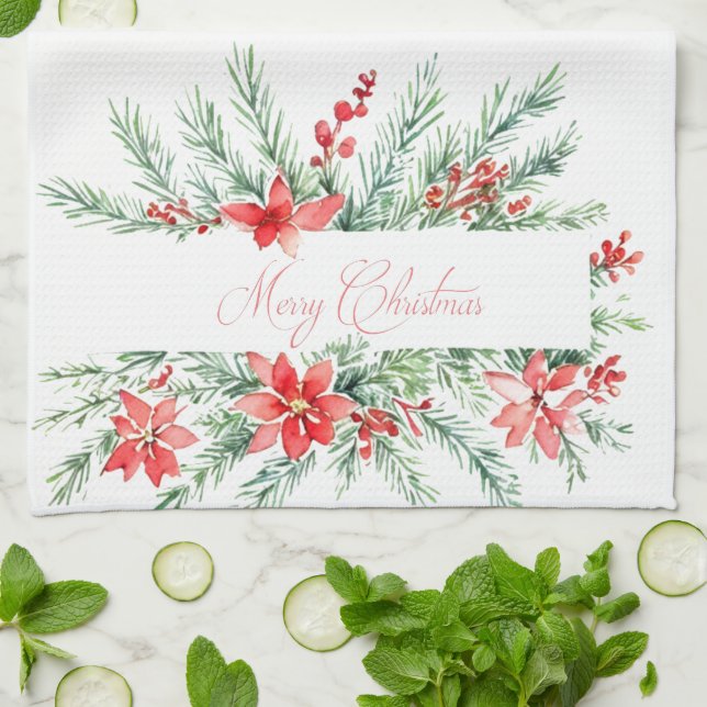 Aquarellpoinsettia und Grünpflanzen Weihnachten Geschirrtuch (Gefaltet)