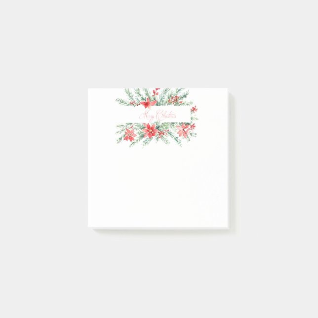Aquarellpoinsettia und Grünpflanzen Weihnachten Post-it Klebezettel (Vorderseite)