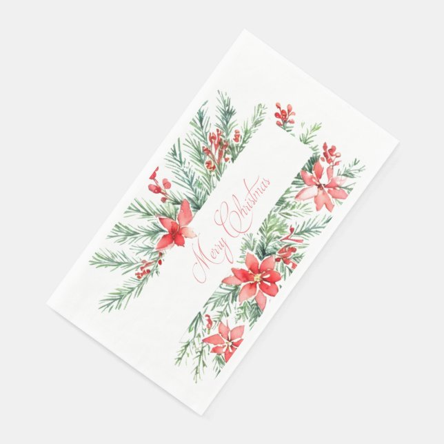 Aquarellpoinsettia und Grünpflanzen Weihnachten Serviette (Ecke)