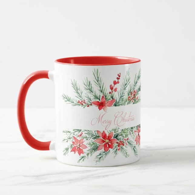 Aquarellpoinsettia und Grünpflanzen Weihnachten Tasse (Links)