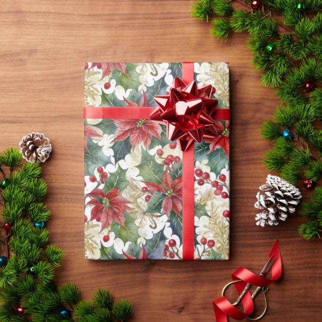Aquarellpoinsettie und Weihnachtsmuster Geschenkpapier (Feiertagsgeschenk)