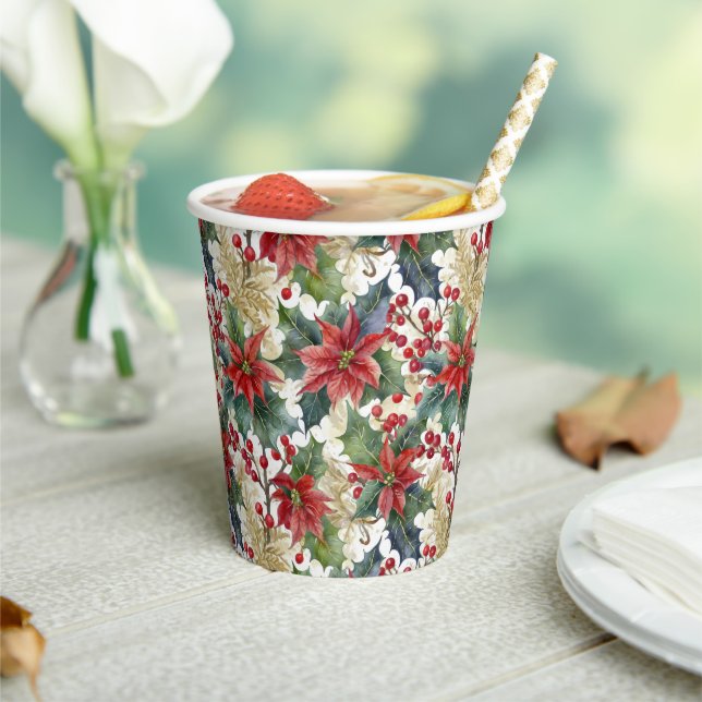 Aquarellpoinsettie und Weihnachtsmuster Pappbecher (In Situ)