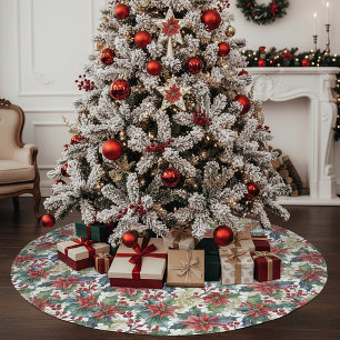 Aquarellpoinsettie und Weihnachtsmuster Polyester Weihnachtsbaumdecke