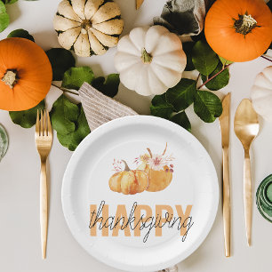 Aquarellpumpen & Orange Happy Thanksgiving Pappteller