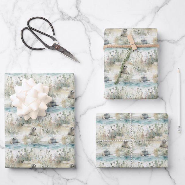Aquarellrobben Küstenlandschaft Geschenkpapier Set (Vorderseite)
