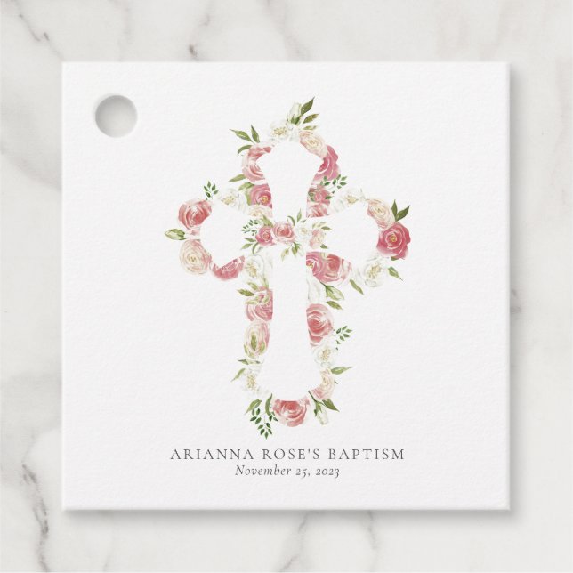 Aquarellrosa Blumenkreuz Taufe Geschenkanhänger (Vorderseite)