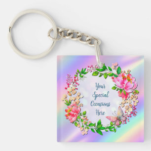Aquarellrosa Blüten- und Schmetterlingsfeder Schlüsselanhänger