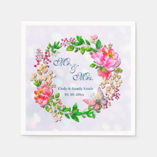 Aquarellrosa Blüten- und Schmetterlingsfeder Serviette
