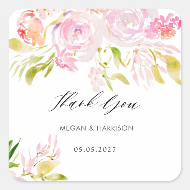 Aquarellrosa-Bouquet Danke Quadratischer Aufkleber (Vorderseite)