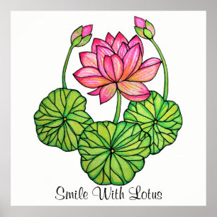 Aquarellrosa Lotus mit Buds & Blätter Poster