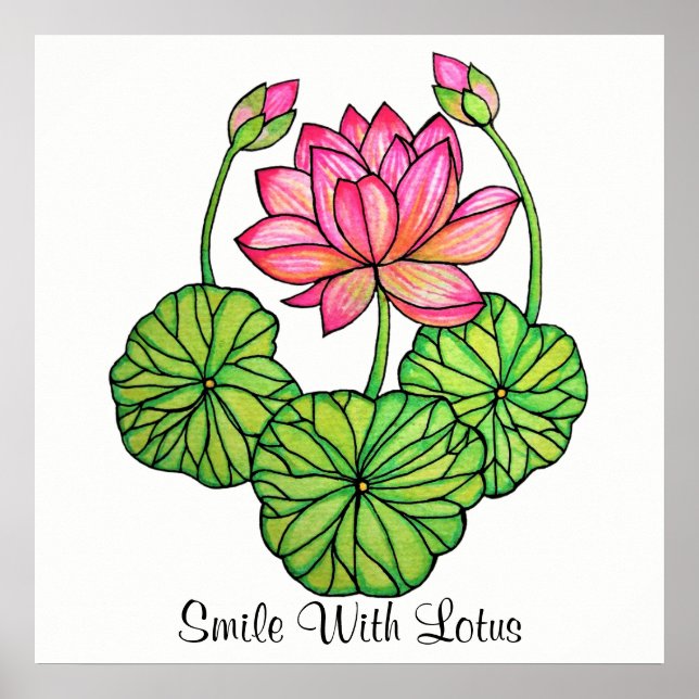 Aquarellrosa Lotus mit Buds & Blätter Poster (Vorne)