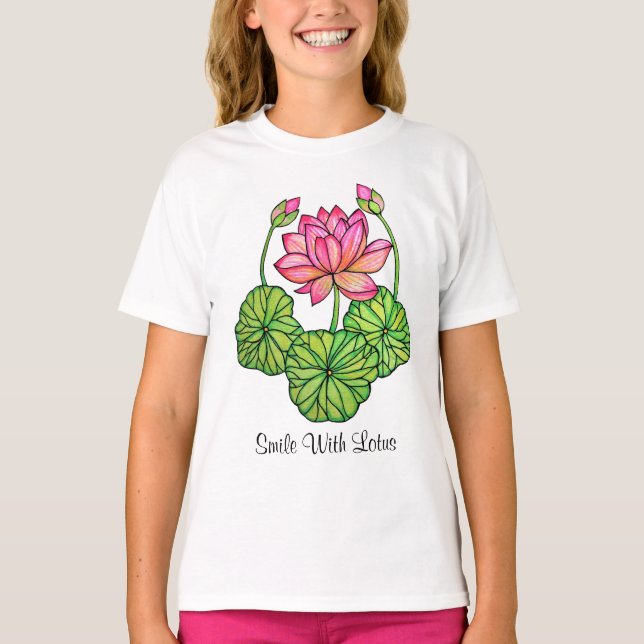 Aquarellrosa Lotus mit Buds & Blätter T-Shirt (Vorderseite)