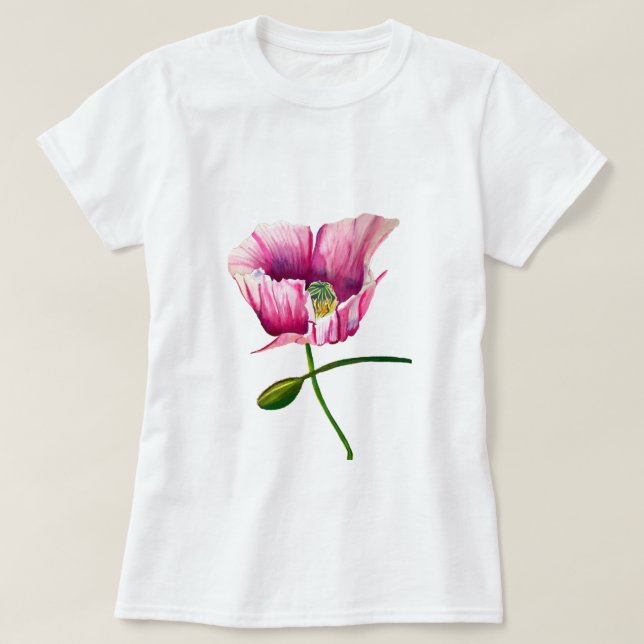 Aquarellrosa Mohn hübsche Blume T-Shirt (Design vorne)