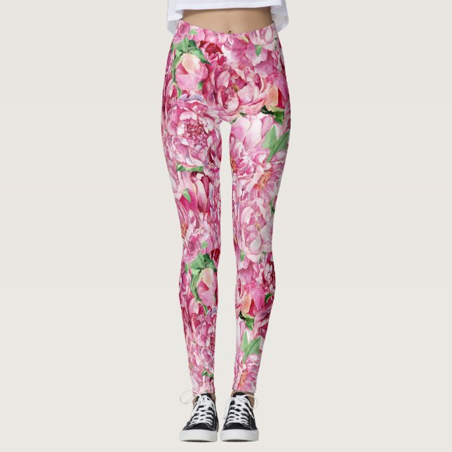Aquarellrosa-Peonies Leggings (Vorderseite)