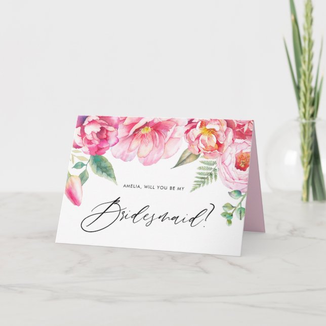Aquarellrosa-Peonies werden Sie meine Bridesmaid s Karte (Vorderseite)