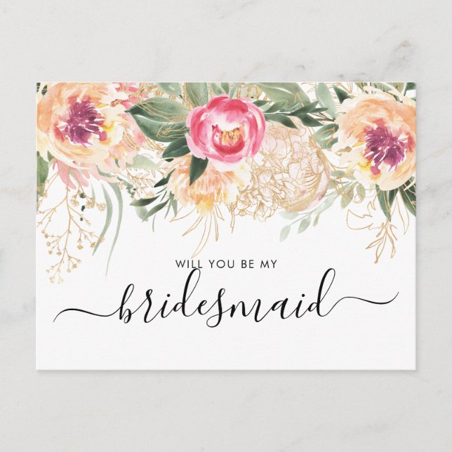 Aquarellrosa-Peonies werden Sie meine Bridesmaid s Postkarte (Vorderseite)