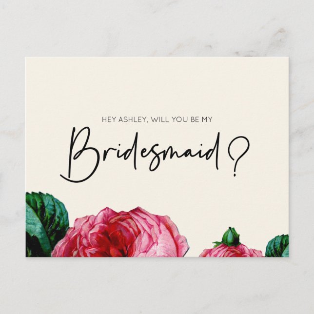 Aquarellrosa Rose wird meine Bridesmaid sein Einladungspostkarte (Vorderseite)